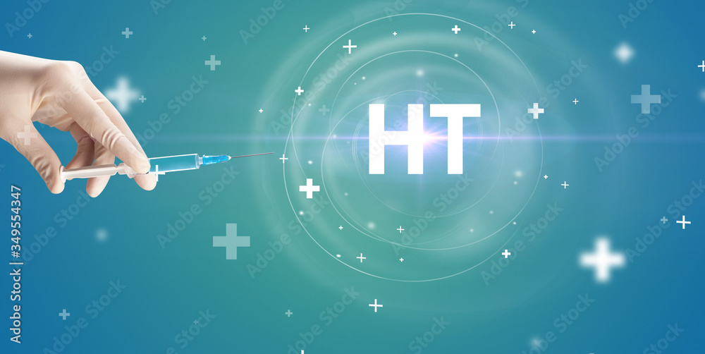 Syringe needle with virus vaccine and HT abbreviation, antidote concept Syringe needle with virus vaccine and HT abbreviation, antidote concept