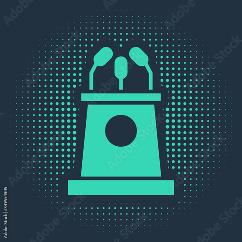 Green Stage stand or debate podium rostrum icon isolated on blue background. Conference speech tribune. Abstract circle random dots. Vector photo