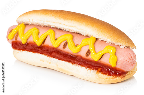 Hot dog with mustard isolated on white background. Clipping path