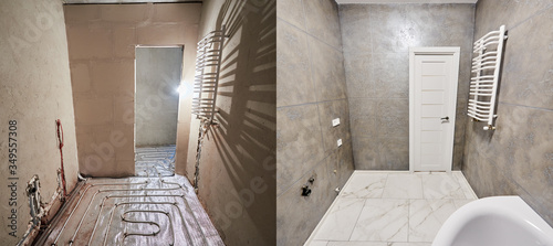 Comparison of bathroom in apartment before after renovation. Big light new bathroom in grey tones with white warm tiled floor, white doors vs unfinished room, empty doorway, floor heating pipe system photo