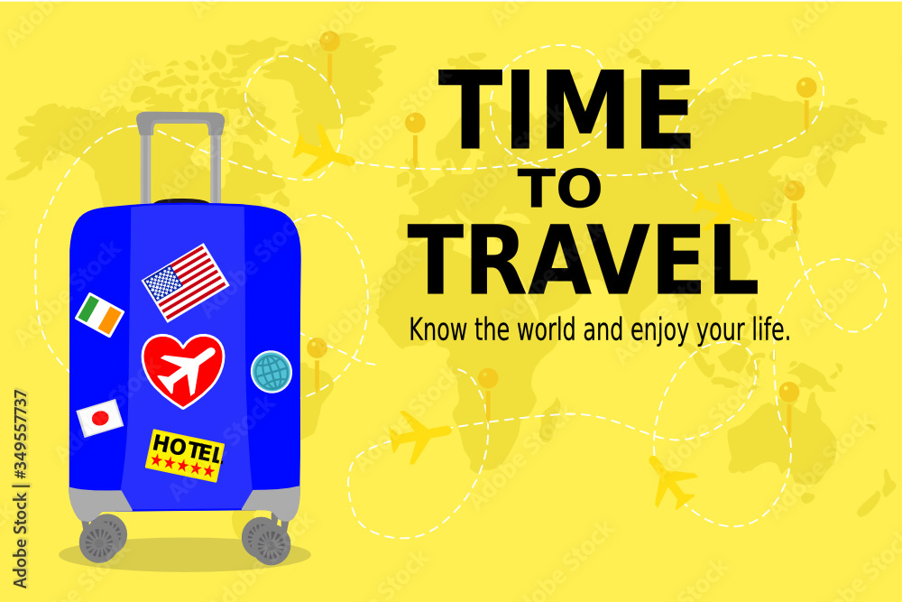 Blue Travel bag with stickers on yellow world map and airplanes with text. Blue Travel bag with stickers on yellow world map and airplanes with text.