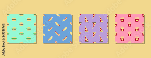 Set of fast food colorful seamless patterns. Hot dog, pizza, burger, french fries. Bright patterns for cafes, bars, wrapper, cover. Vector illustration.