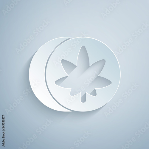 Paper cut Herbal ecstasy tablets icon isolated on grey background. Paper art style. Vector