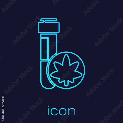 Turquoise line Chemical test tube with marijuana or cannabis leaf icon isolated on blue background. Research concept. Laboratory CBD oil. Vector