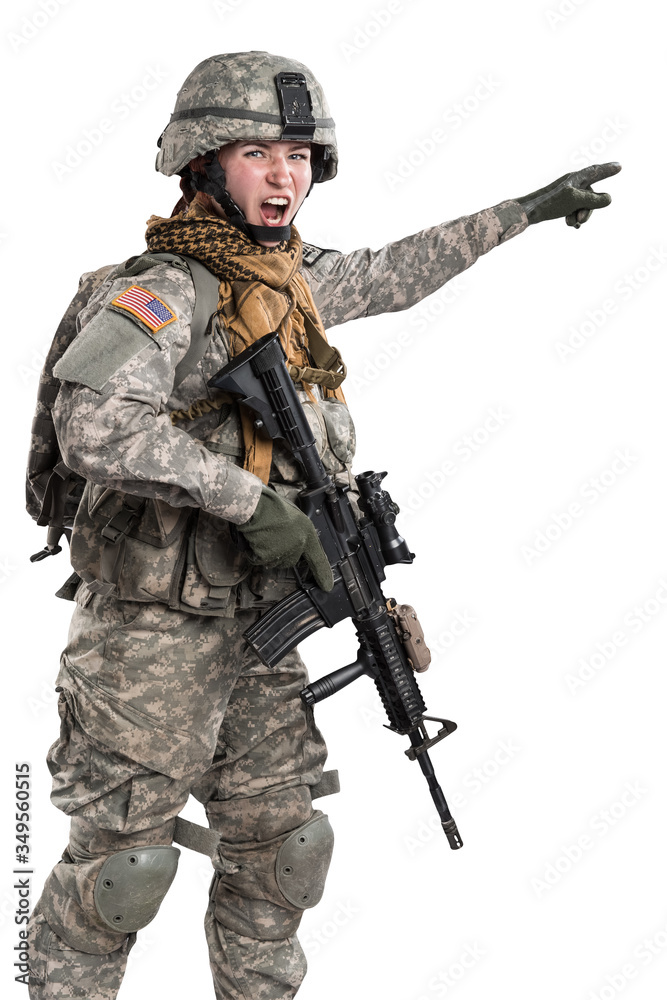 Female in US Army soldier (ISAF) with rifle. Shot in studio. Isolated with clipping path on white background Female in US Army soldier (ISAF) with rifle. Shot in studio. Isolated with clipping path on white background