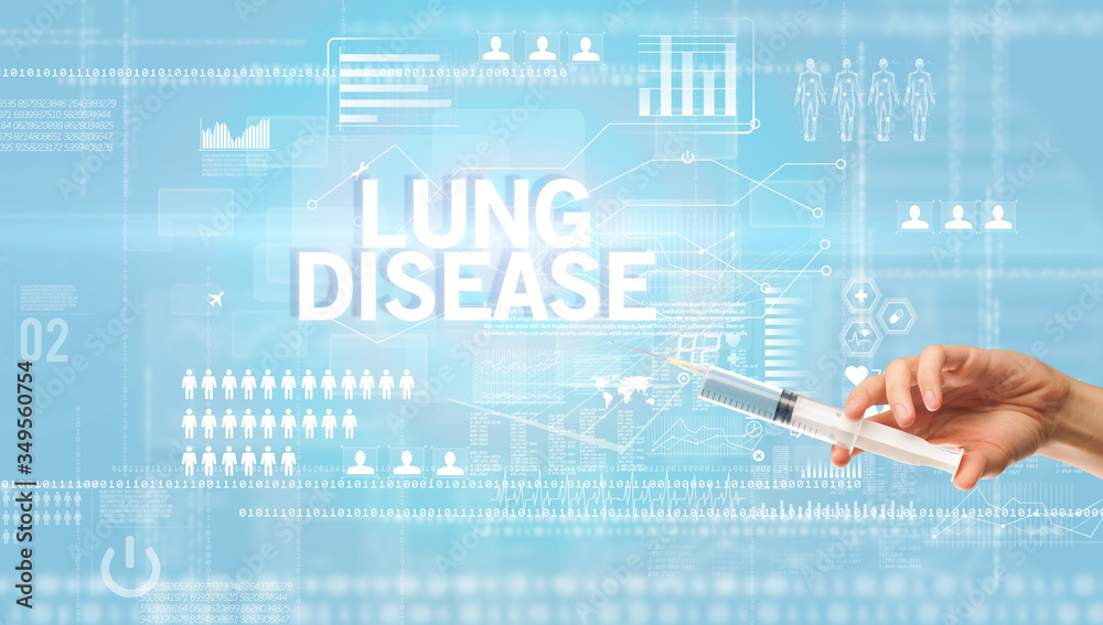 Close-up view of doctor's hand in a white glove holding syringe with LUNG DISEASE inscription, healthcare and medical concept