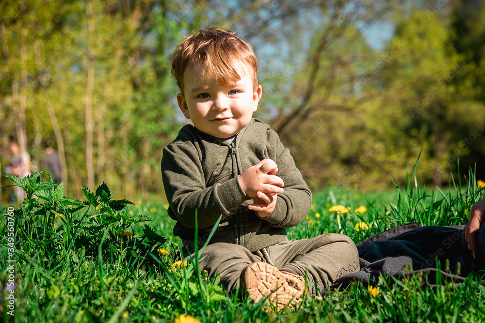 A boy with a smile is resting on a green lawn with yellow wildflowers in the sunshine. Smiling little boy lying on the grass with flowers in the park, springtime. The emotions of a child. A boy with a smile is resting on a green lawn with yellow wildflowers in the sunshine. Smiling little boy lying on the grass with flowers in the park, springtime. The emotions of a child.