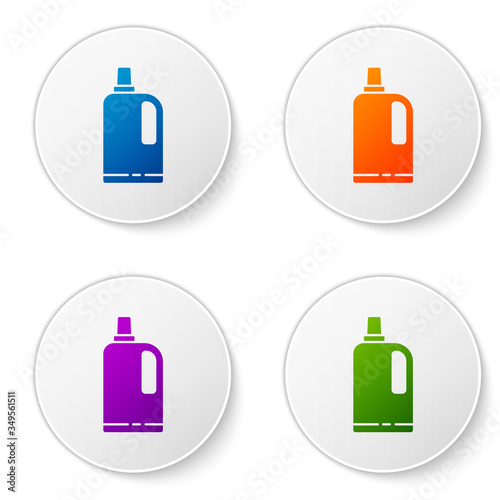 Color Fabric softener icon isolated on white background. Liquid laundry detergent, conditioner, cleaning agent, bleach. Set icons in circle buttons. Vector