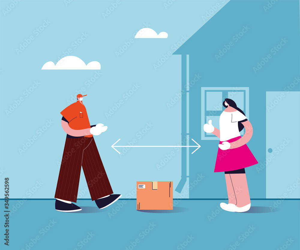 delivery man in the face mask leaves the box at the safe distance delivery man in the face mask leaves the box at the safe distance