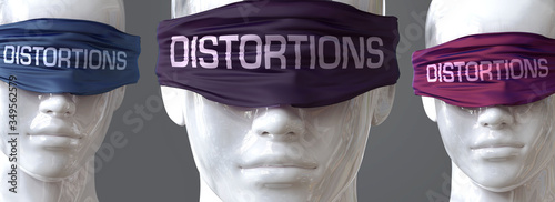 Distortions can blind our views and limit perspective - pictured as word Distortions on eyes to symbolize that Distortions can distort perception of the world, 3d illustration