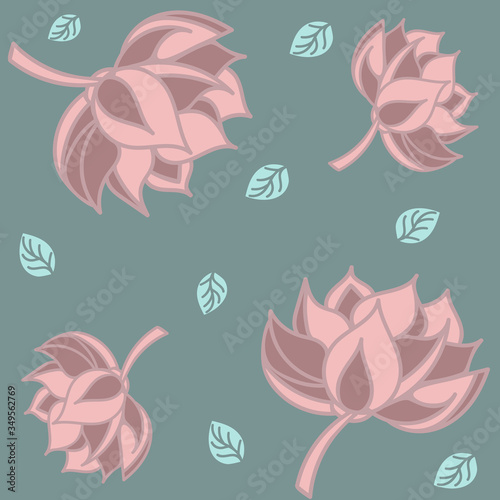 Lotus seamless pattern flower in vintage style. Vector vintage illustration. Soft and pastel color. Coral and pink lotos lotus on color background.