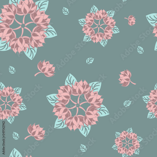 Lotus seamless pattern flower in vintage style. Vector vintage illustration. Soft and pastel color. Coral and pink lotos lotus on color background.
