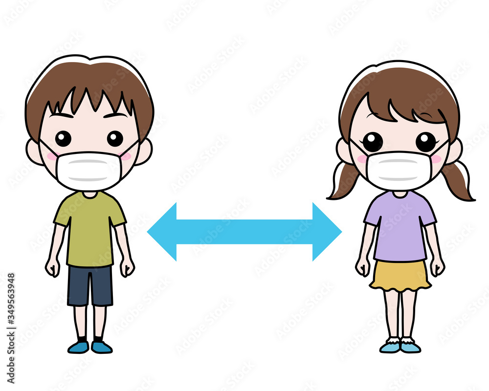 マスクをして距離を取る男の子と女の子 マスクをして距離を取る男の子と女の子