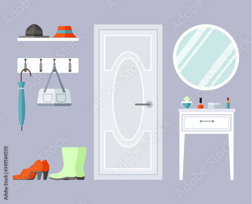 The entrance hall is in flat style. Hallway with furniture and decor. The interior design of the anteroom. Vector.