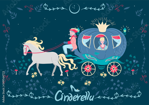 Cinderella in the carriage. Fairytale banner with the inscription. Vector graphics.