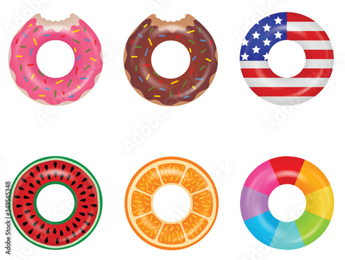 Set of colorful swimming rings. Doughnut, american flag, watermelon, orange and rainbow inflatable rubber rings. Floating summer toys.
