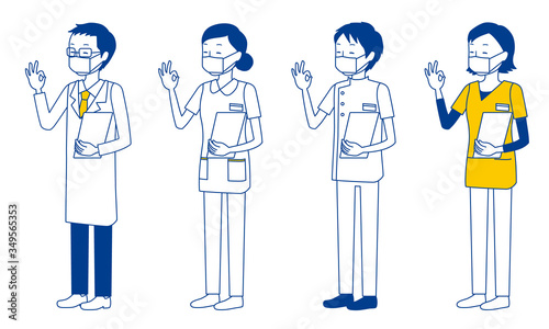 Illustration set of healthcare workers (doctors, nurses, physiotherapists, radiologists) who giving an OK mark with a smile