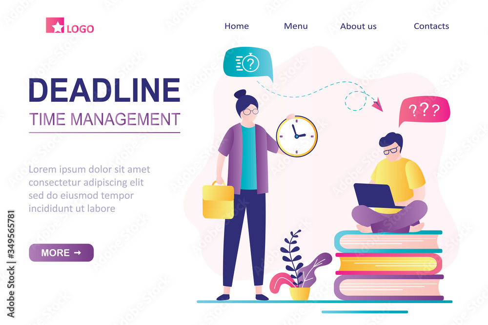 Time management and deadline landing page template. Female boss requires completion deadlines on time
