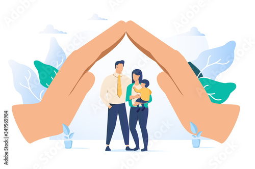Vector illustration of a happy prosperous family in flowers, mother father daughter son cuddling together near family