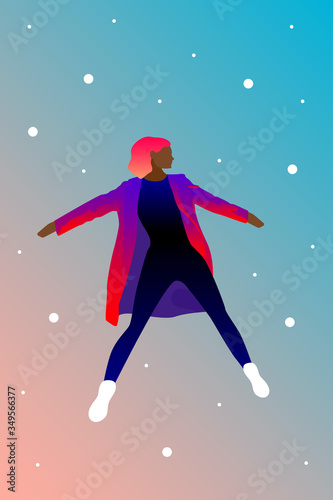 Portrait of fashinable dancing on the street woman. Young girl isolated on background for design birthday gift card, fashion party invitation, feminism event, woman's rights poster etc