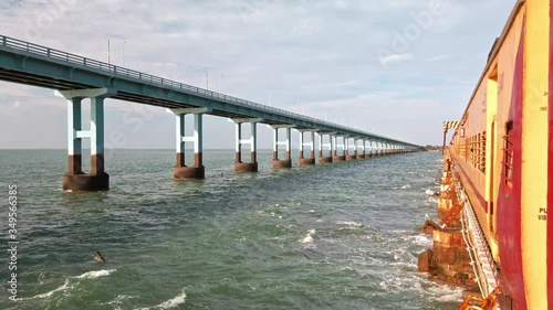 View of Pamban bridge in Rameshwaram. First indian bridge, which connects Pamban island and mainland India. photo