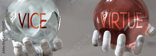 Foto virtue and vice in a balanced life - pictured as words virtue,vice in hands to s