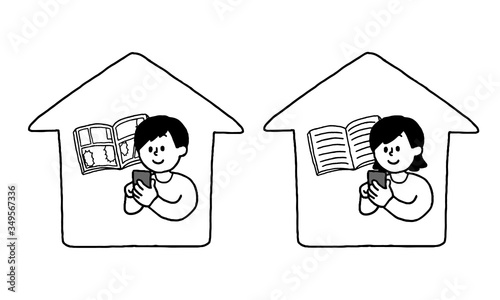 家で電子書籍を読む男性女性（シンプル）
