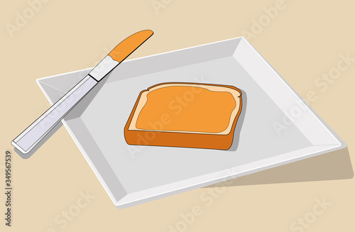 Sandwich with peanut butter on the plate with knife.