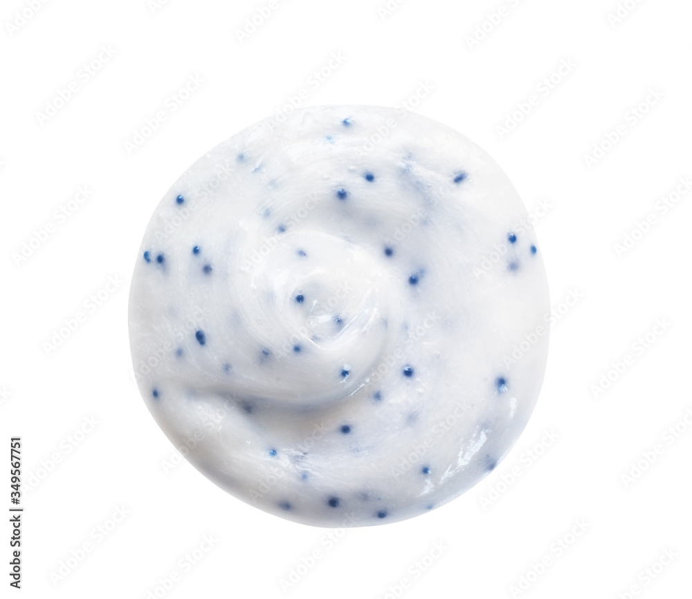 White cream cleanser scrub swatch blob isolated on white background. Skin exfoliating product round swirl. Face cleansing lotion sample close up White cream cleanser scrub swatch blob isolated on white background. Skin exfoliating product round swirl. Face cleansing lotion sample close up
