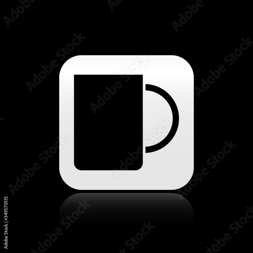 Black Coffee cup icon isolated on black background. Tea cup. Hot drink coffee. Silver square button. Vector