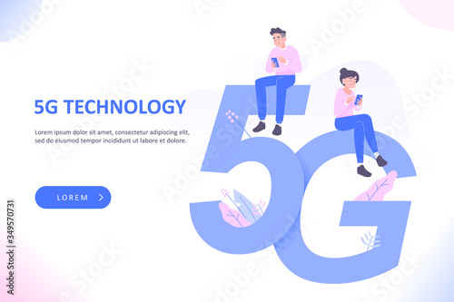 5G technology or high speed internet connection concept. People sitting on huge 5G letters and using gadgets. Wireless technology, concept for web landing page vector illustration