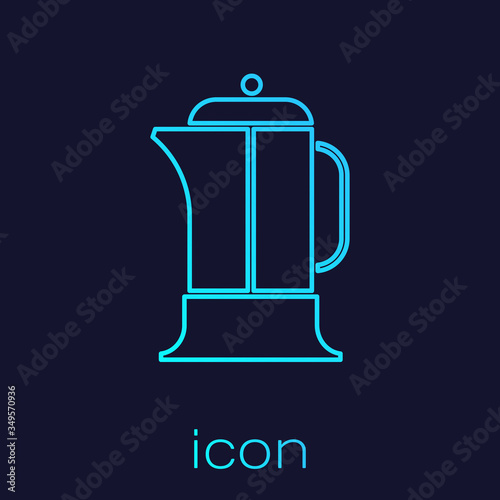 Turquoise line French press icon isolated on blue background. Vector