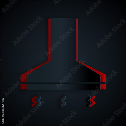 Paper cut Kitchen extractor fan icon isolated on black background. Cooker hood. Kitchen exhaust. Household appliance. Paper art style. Vector