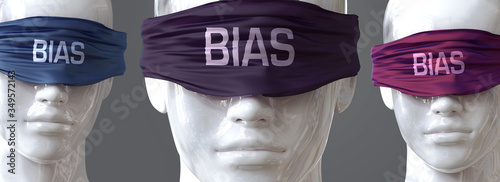 Bias can blind our views and limit perspective - pictured as word Bias on eyes to symbolize that Bias can distort perception of the world, 3d illustration photo