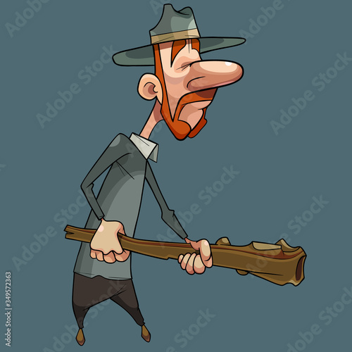 cartoon redhead man with whiskers in a hat holds a wooden baton in his hands