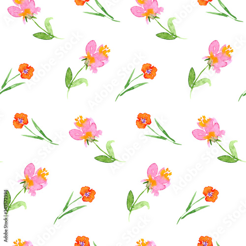 Watercolor beautiful tiny seamless pink flower pattern. Endless print for textile  clothes  fashion  linens  dress  cover  wallpaper. Hand painted art in modern trendy style.