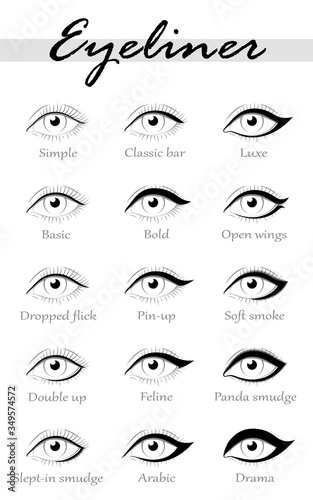 Eye makeup. Types of eyeliner. Fifteen options. Black and white drawing. Miniature.