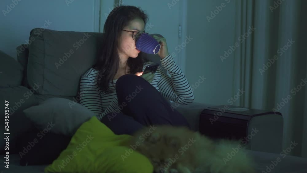 In the Evening Beautiful Young Woman Relaxes on a Couch in Her Cozy ...