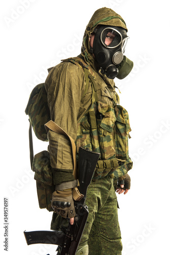 post-apocalyptic soldier. shot in studio. isolated on white background
