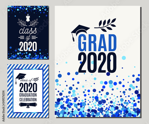 Grad 2020 greeting cards set in blue colors. Three vector graduate party invitations. All isolated and layered