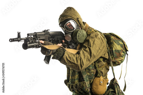 post-apocalyptic soldier. shot in studio. isolated on white background