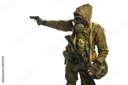 post-apocalyptic soldier. shot in studio. isolated on white background