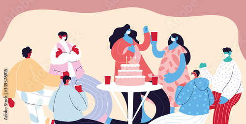 group people celebrating with drinks they use face masks