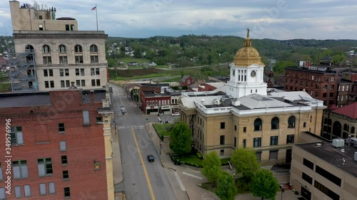 Closeup aerial view of the Marion County Courthouse at low altitude in Fairmont, WV.