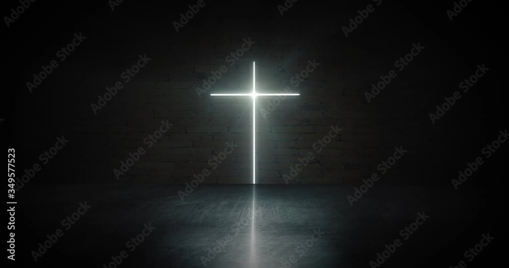 Religious crucifix in corridor illuminates dark room. Zoom in