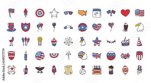 Independence day fill style icon set vector design