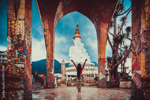 Photography Traveler woman joy amazing view Thailand temple Wat Phra Thart Pha Sorn Kaew in