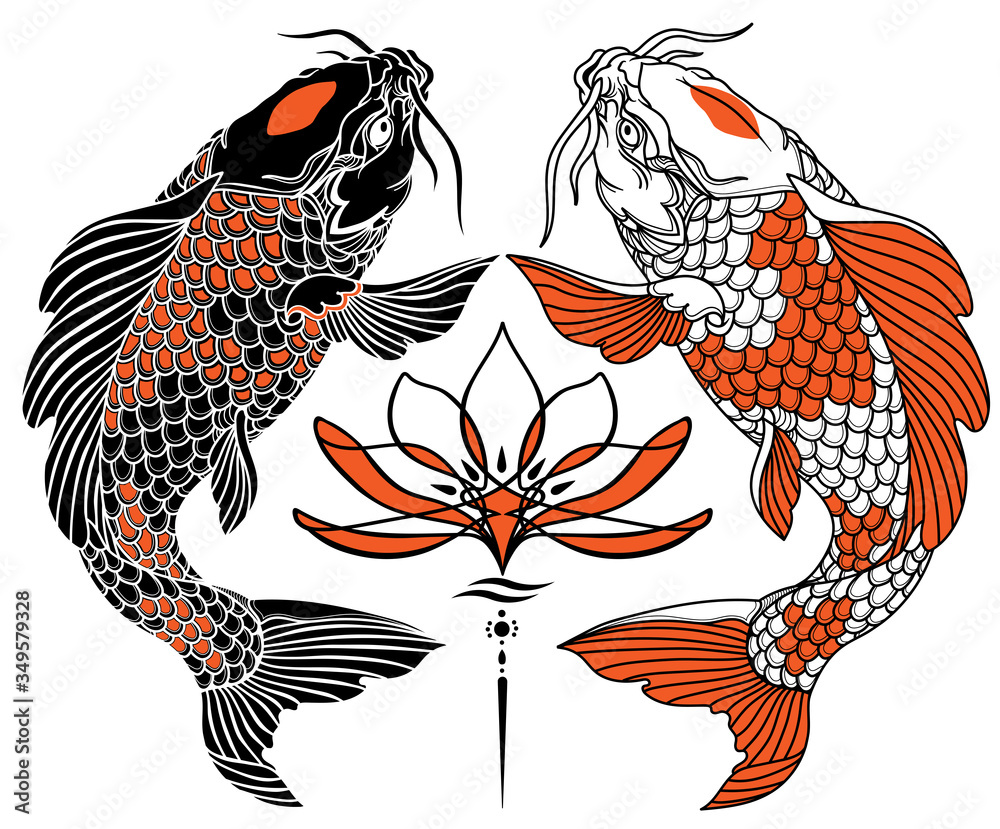 two Japanese koi carp and water lily flower. Black white red. Tattoo. Vector illustration Stock Vector