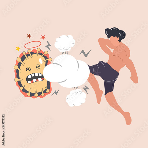 The man kick coronavirus or covid-19. Thai boxing, boxer, outbreak, Muay Thai. Vector cartoon character illustration icon design.