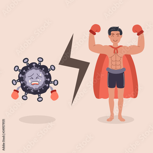 The super hero wins after fighting with Coronavirus or Covid-19. Thai boxing, boxing, Muay Thai, boxer. Vector cartoon character illustration icon design.